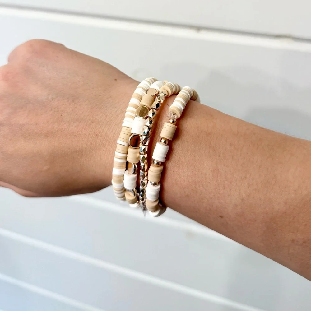 NEW Neutral Clay Bead Bracelet Stack - Gold Heishi Disk & Boho Beachy Beaded Set